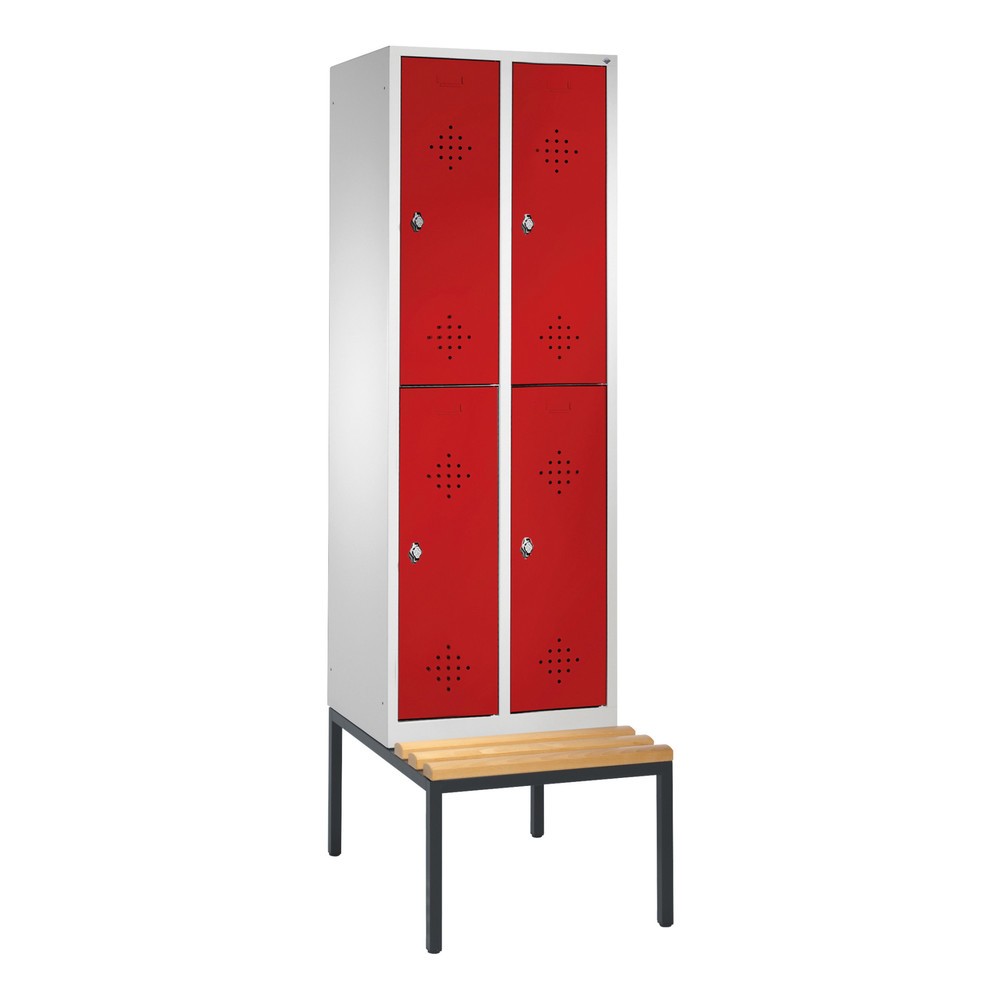 Armoire-penderie C+P Classic à deux niveaux avec banc intégré, 2 compartiments, largeur des compartiments 300 mm, HxlxP 2 090x610x815 mm, RAL 7035 gris clair, RAL 3003 rouge rubis