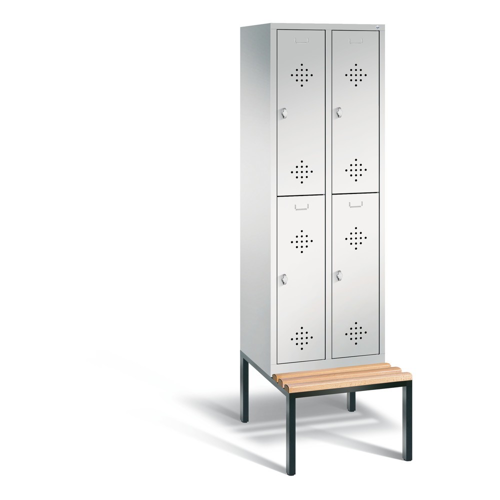 Armoire-penderie C+P Classic à deux niveaux avec banc intégré, 2 compartiments, largeur des compartiments 300 mm, HxlxP 2 090x610x815 mm, RAL 7035 gris clair, RAL 7035 gris clair