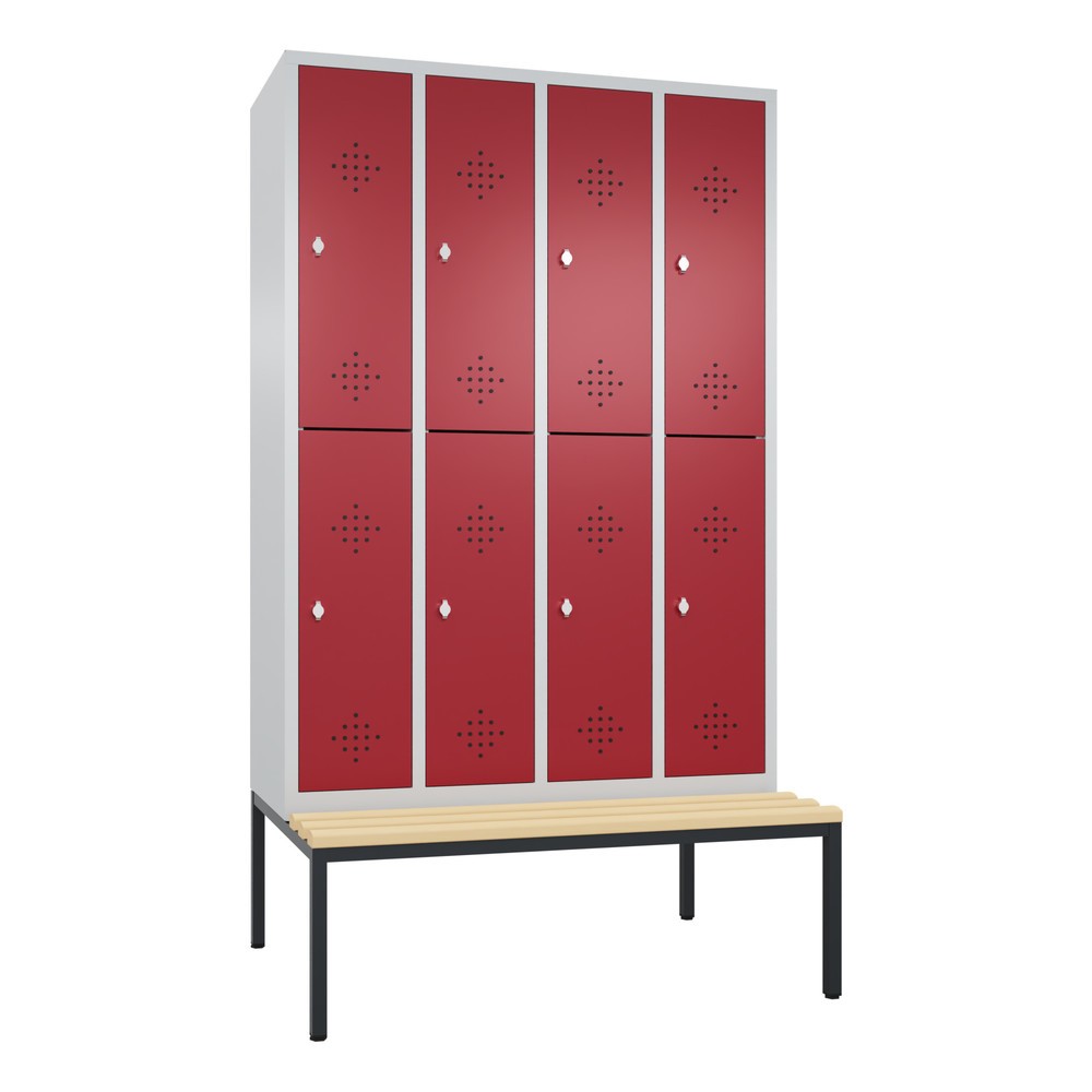 Armoire-penderie C+P Classic à deux niveaux avec banc intégré, 4 compartiments, largeur des compartiments 300 mm, HxlxP 2 090x1 190x815 mm, RAL 7035 gris clair, RAL 3003 rouge rubis