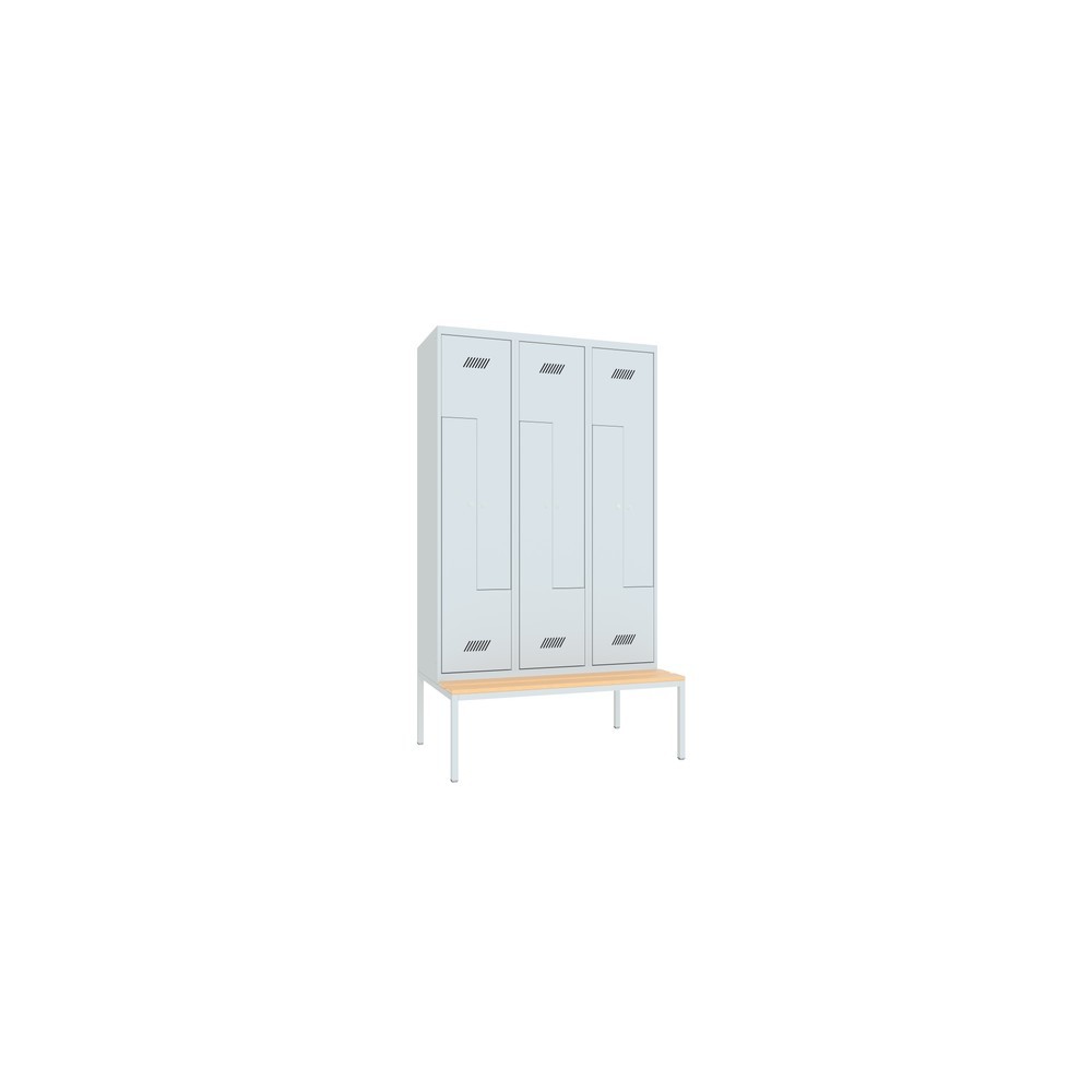 Armoire-penderie en Z avec banc PAVOY, 6 compartiments, serrure à cylindre, gris clair, gris clair, Hêtre