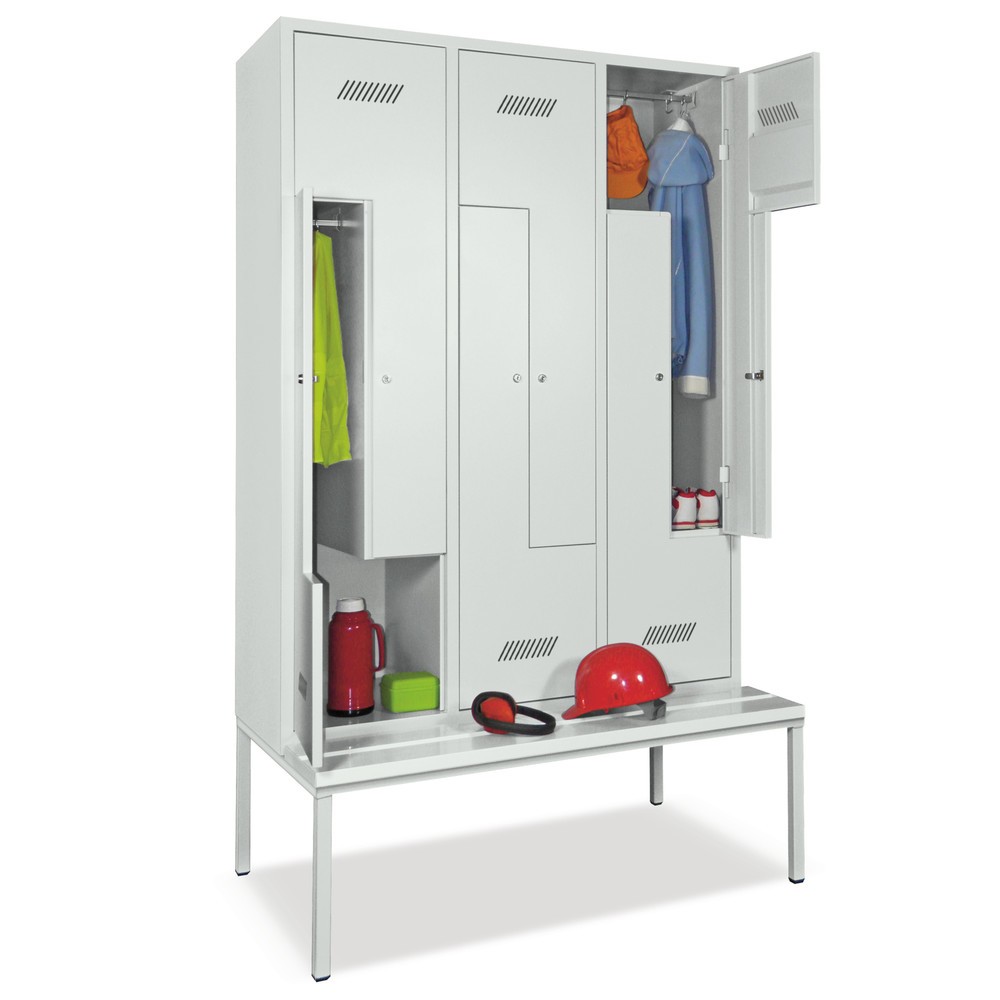 Armoire-penderie en Z avec banc PAVOY, 6 compartiments, serrure à cylindre, gris clair, gris clair, Hêtre