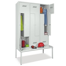 Armoire vestiaire en Z avec banc PAVOY, 6 compartiments, serrure à cylindre