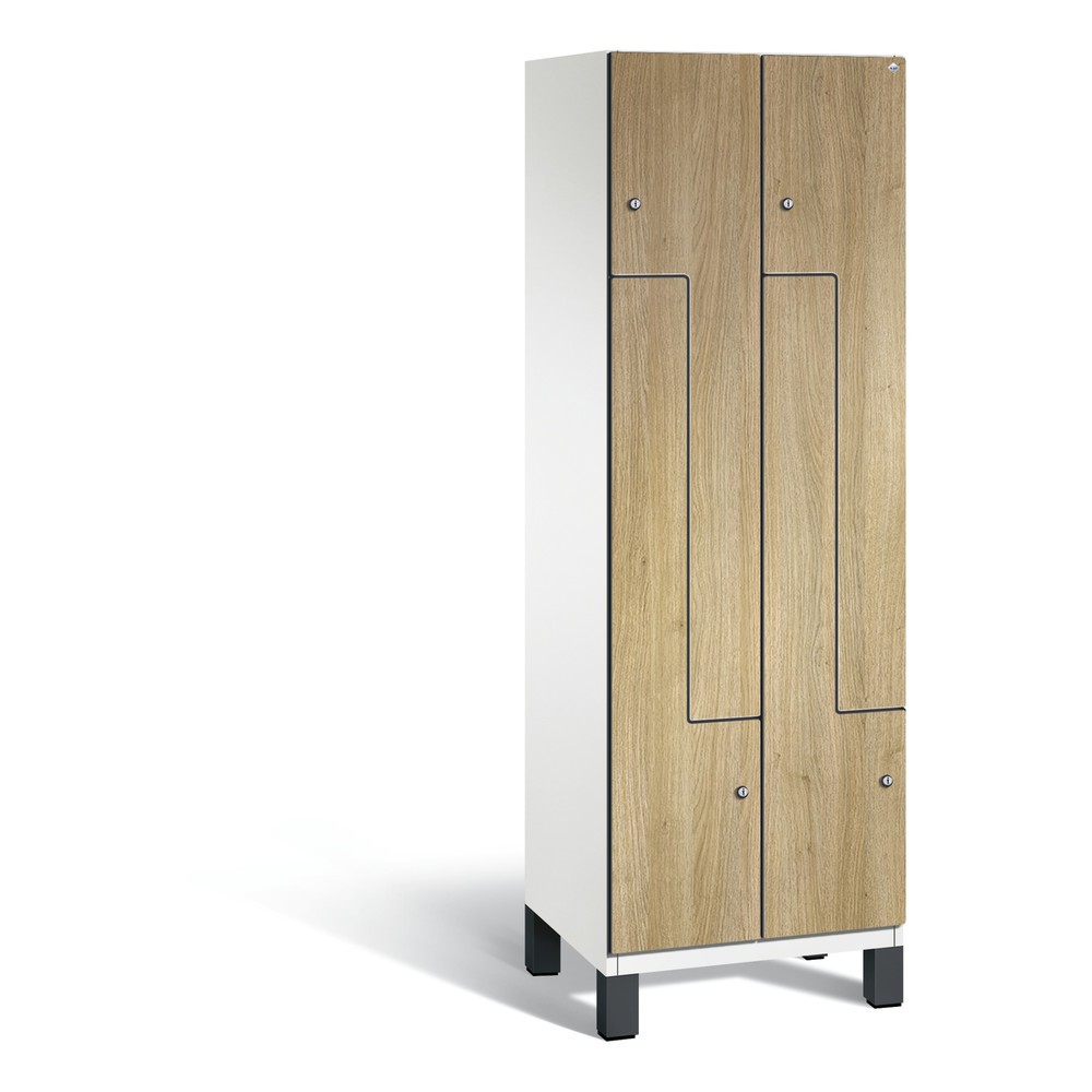 Armoire-penderie en Z Cambio C+P, 2 compartiments, largeur des compartiments 300 mm, HxlxP 1 980x600x525 mm, RAL 9016 blanc de signalisation, décor chêne Sereno, pieds