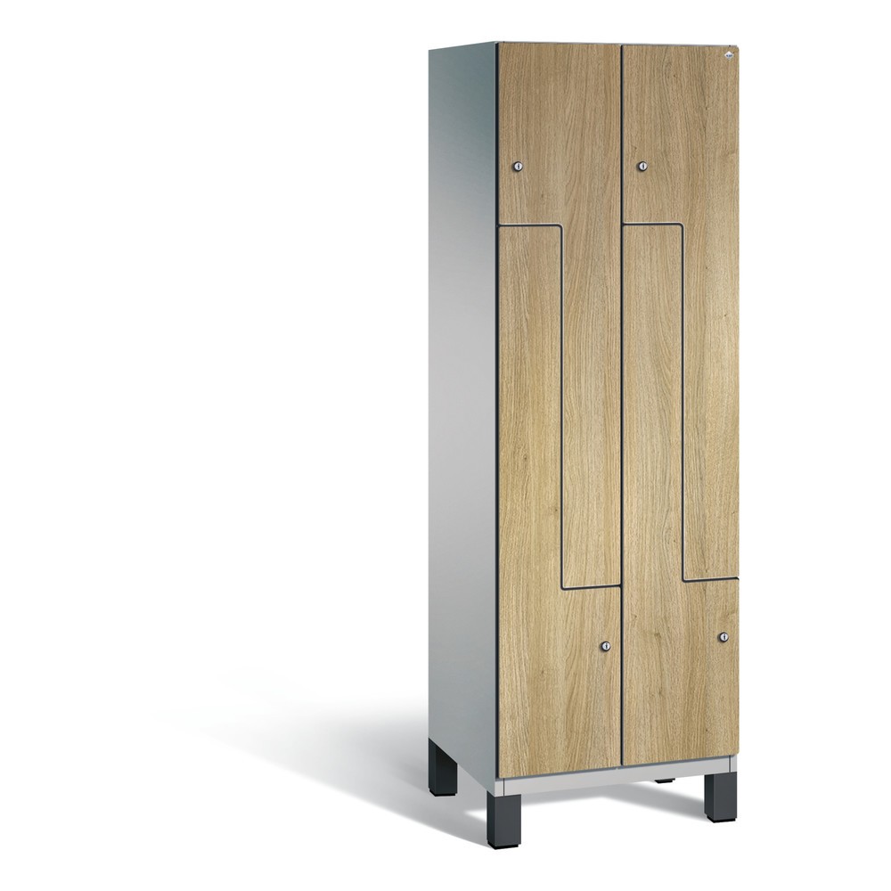 Armoire-penderie en Z Cambio C+P, 2 compartiments, largeur des compartiments 300 mm, HxlxP 1 980x600x525 mm, RAL 9006 aluminium blanc, décor chêne Sereno, pieds