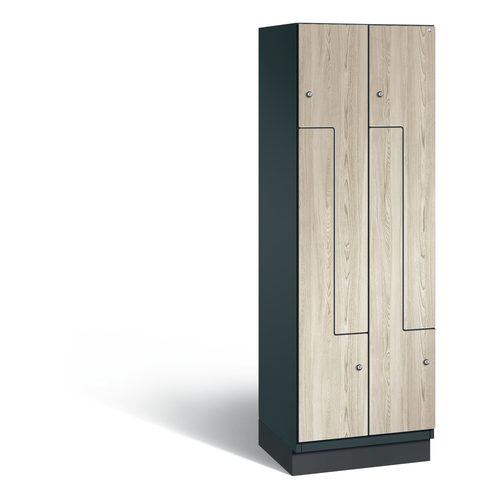 Armoire-penderie en Z Cambio C+P, 2 compartiments, largeur des compartiments 300 mm, HxlxP 1 980x600x525 mm, RAL 7016 gris anthracite, décor frêne Sen, socle