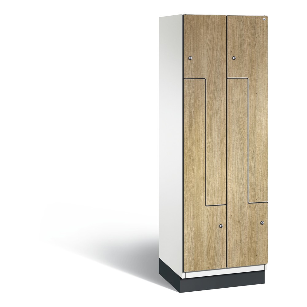 Armoire-penderie en Z Cambio C+P, 2 compartiments, largeur des compartiments 300 mm, HxlxP 1 980x600x525 mm, RAL 9016 blanc de signalisation, décor chêne Sereno, socle