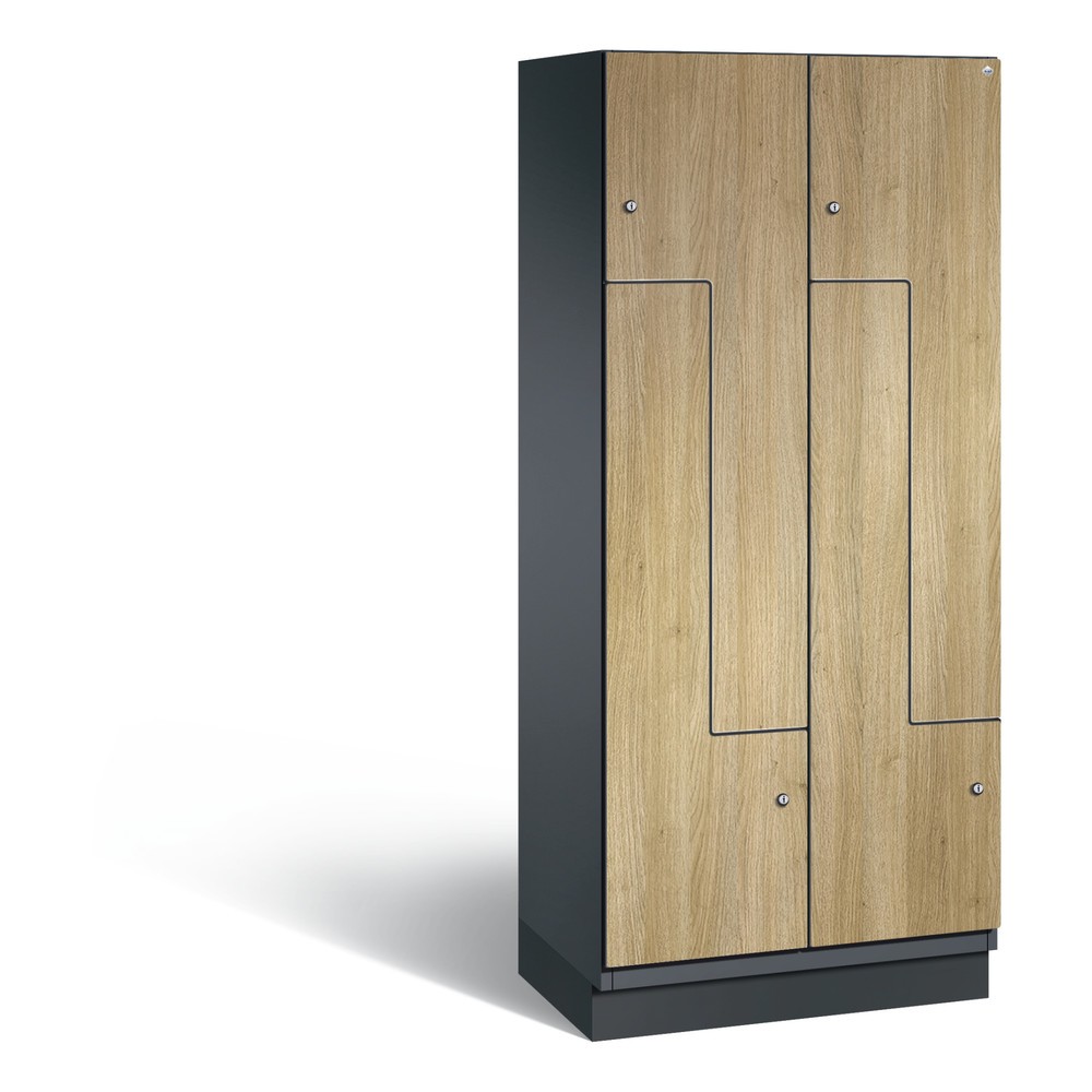 Armoire-penderie en Z Cambio C+P, 2 compartiments, largeur des compartiments 400 mm, HxlxP 1 980x800x525 mm, RAL 7021 gris noir, décor chêne Sereno, socle