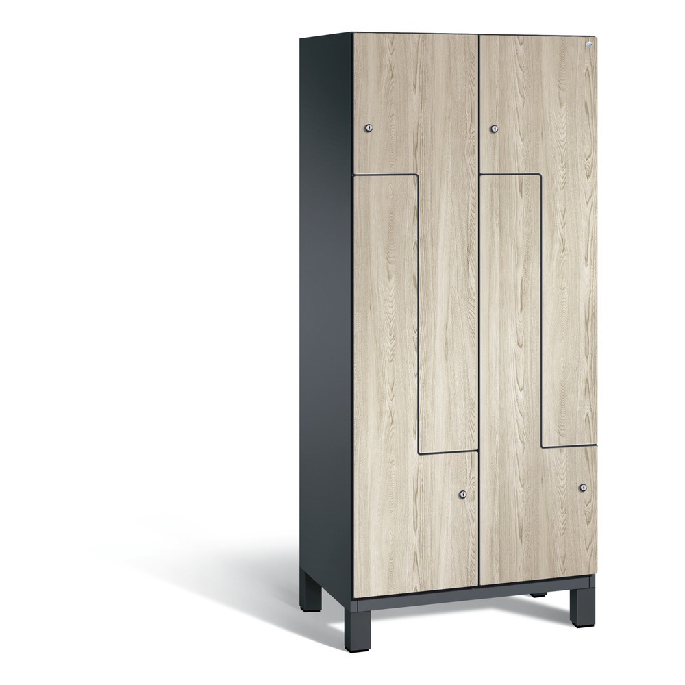 Armoire-penderie en Z Cambio C+P, 2 compartiments, largeur des compartiments 400 mm, HxlxP 1 980x800x525 mm, RAL 7021 gris noir, décor frêne Sen, pieds