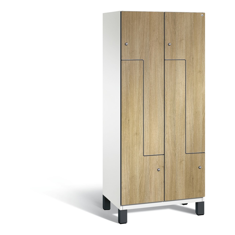 Armoire-penderie en Z Cambio C+P, 2 compartiments, largeur des compartiments 400 mm, HxlxP 1 980x800x525 mm, RAL 9016 blanc de signalisation, décor chêne Sereno, pieds