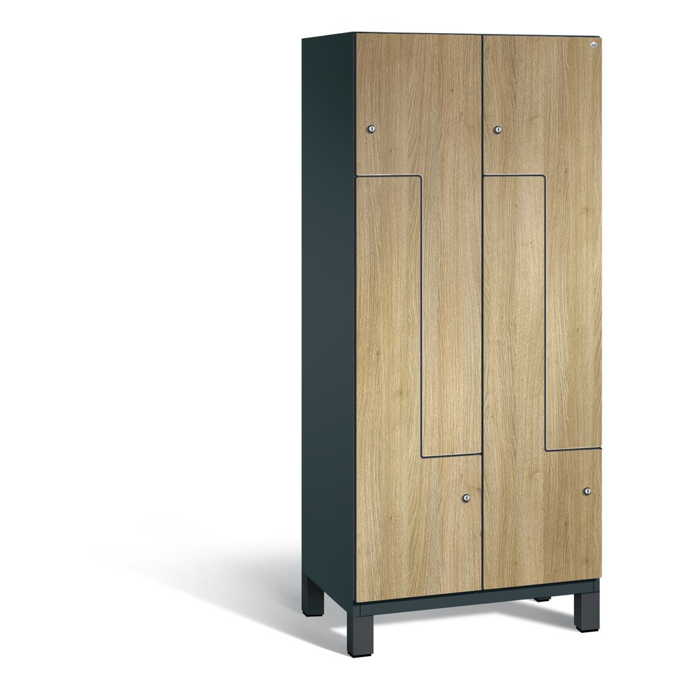 Armoire-penderie en Z Cambio C+P, 2 compartiments, largeur des compartiments 400 mm, HxlxP 1 980x800x525 mm, RAL 7016 gris anthracite, décor chêne Sereno, pieds