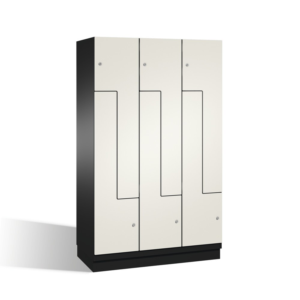 Armoire-penderie en Z Cambio C+P, 3 compartiments, largeur des compartiments 400 mm, HxlxP 1 980x1 200x525 mm, RAL 7021 gris noir, décor blanc, socle