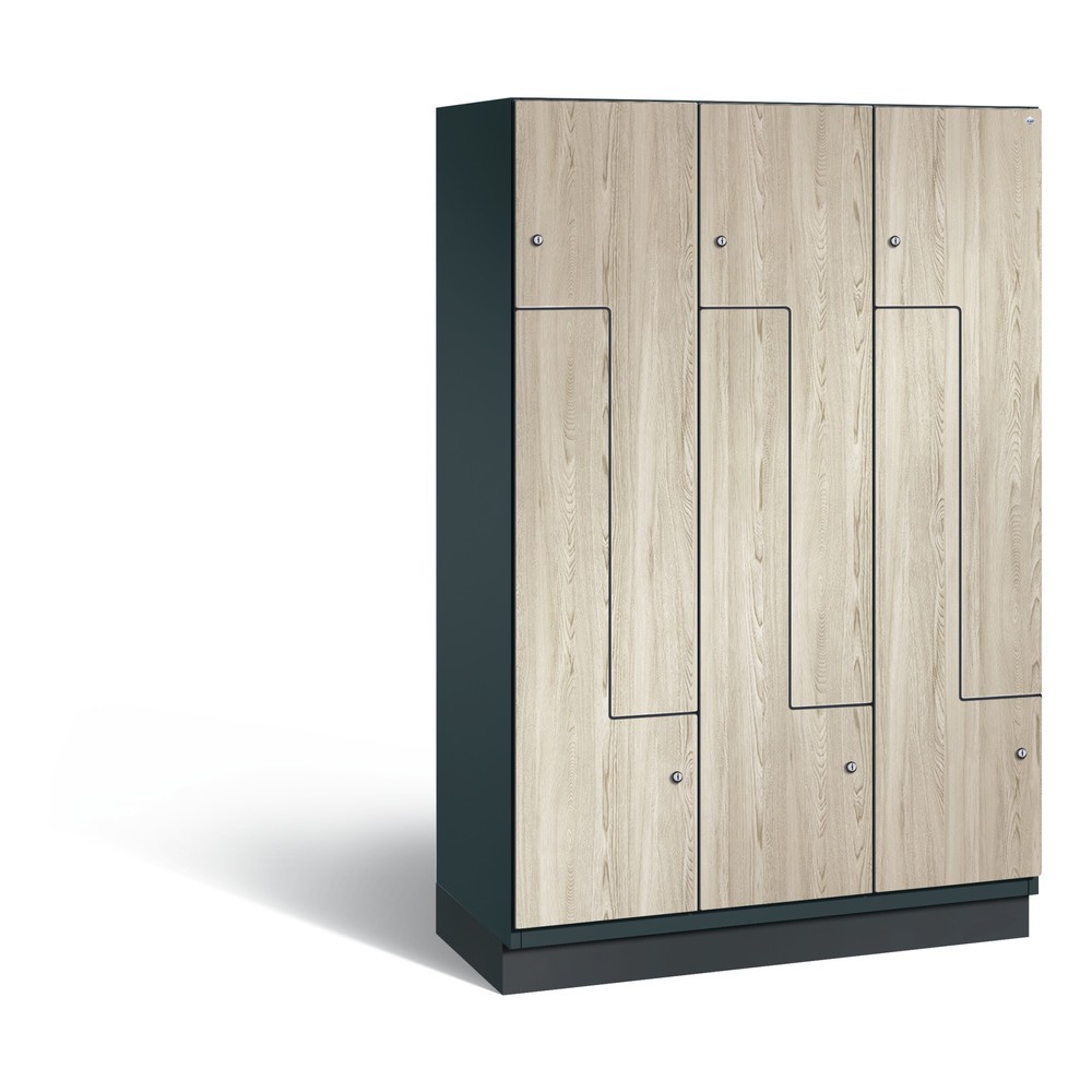 Armoire-penderie en Z C+P Cambio, 3 compartiments, largeur des compartiments 400 mm, HxlxP 1 980x1 200x525 mm, RAL 7016 gris anthracite, décor frêne Sen, socle