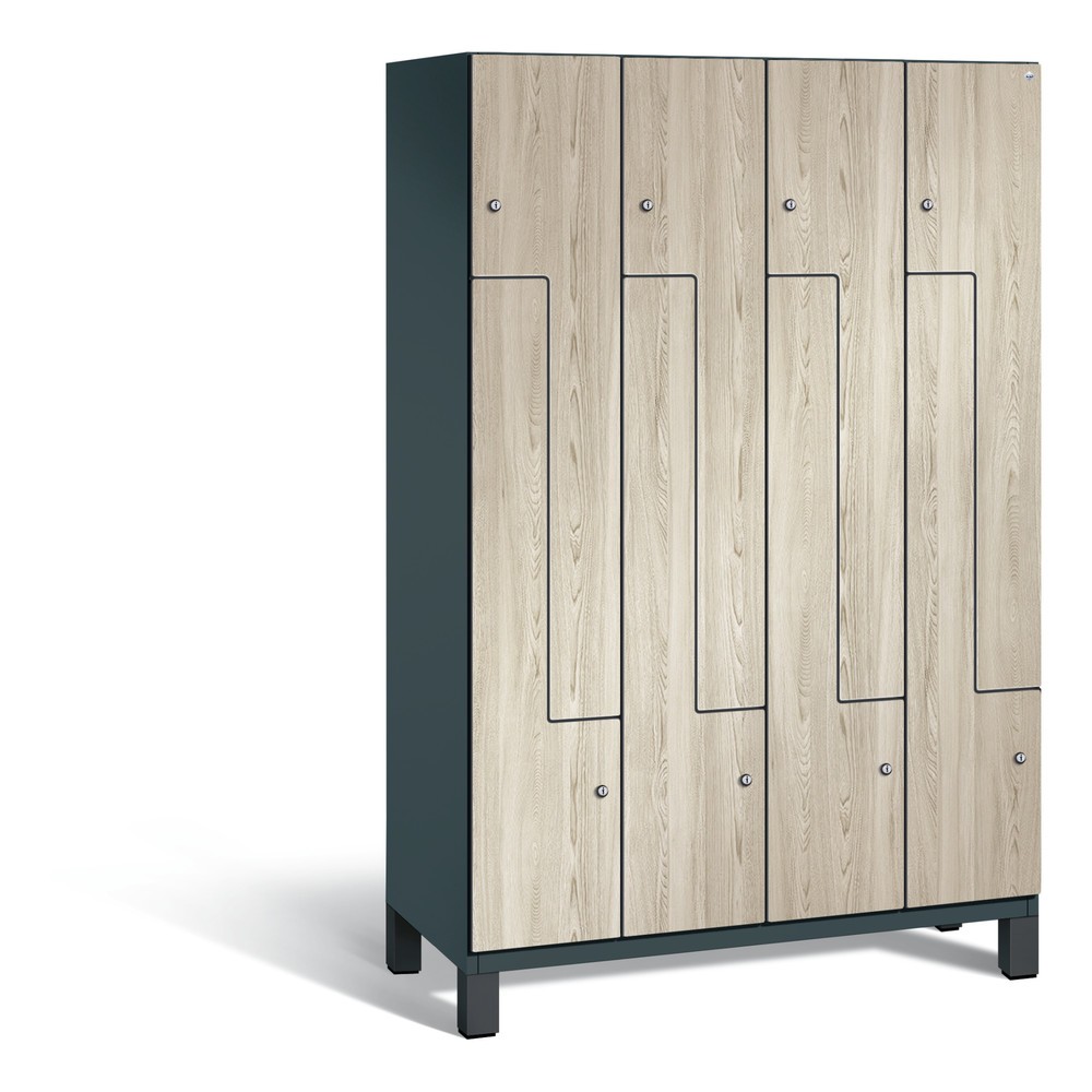 Armoire-penderie en Z C+P Cambio, 4 compartiments, largeur des compartiments 400 mm, HxlxP 1 980 x1 200x525 mm, RAL 7016 gris anthracite, décor frêne Sen, pieds