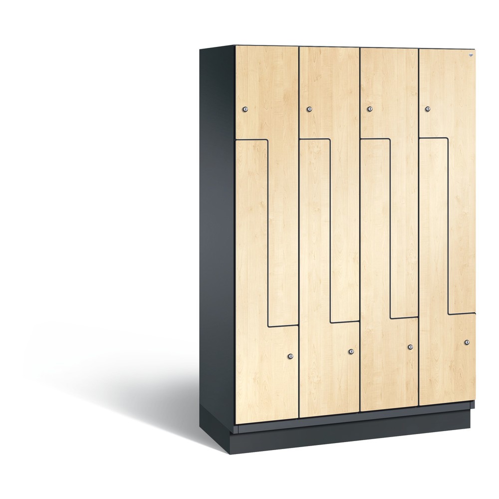 Armoire-penderie en Z C+P Cambio, 4 compartiments, largeur des compartiments 400 mm, HxlxP 1 980 x1 200x525 mm, RAL 7021 gris noir, décor érable du Danube, socle