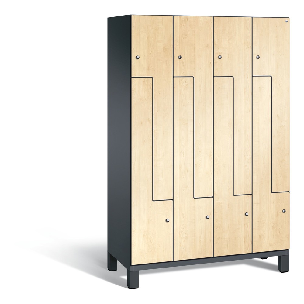 Armoire-penderie en Z Cambio C+P, 4 compartiments, largeur des compartiments 400 mm, HxlxP 1 980 x1 200x525 mm, RAL 7021 gris noir, décor érable du Danube, pieds