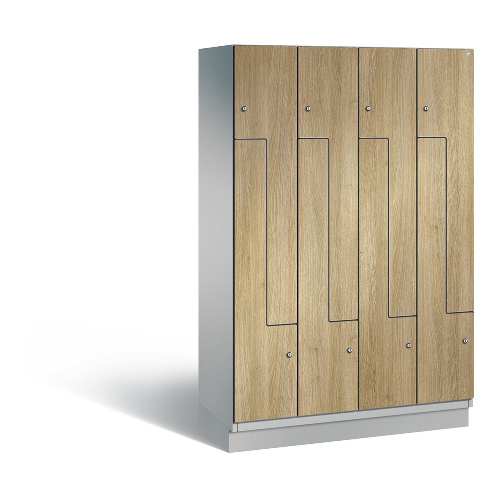 Armoire-penderie en Z Cambio C+P, 4 compartiments, largeur des compartiments 400 mm, HxlxP 1 980 x1 200x525 mm, RAL 9006 aluminium blanc, décor chêne Sereno, socle