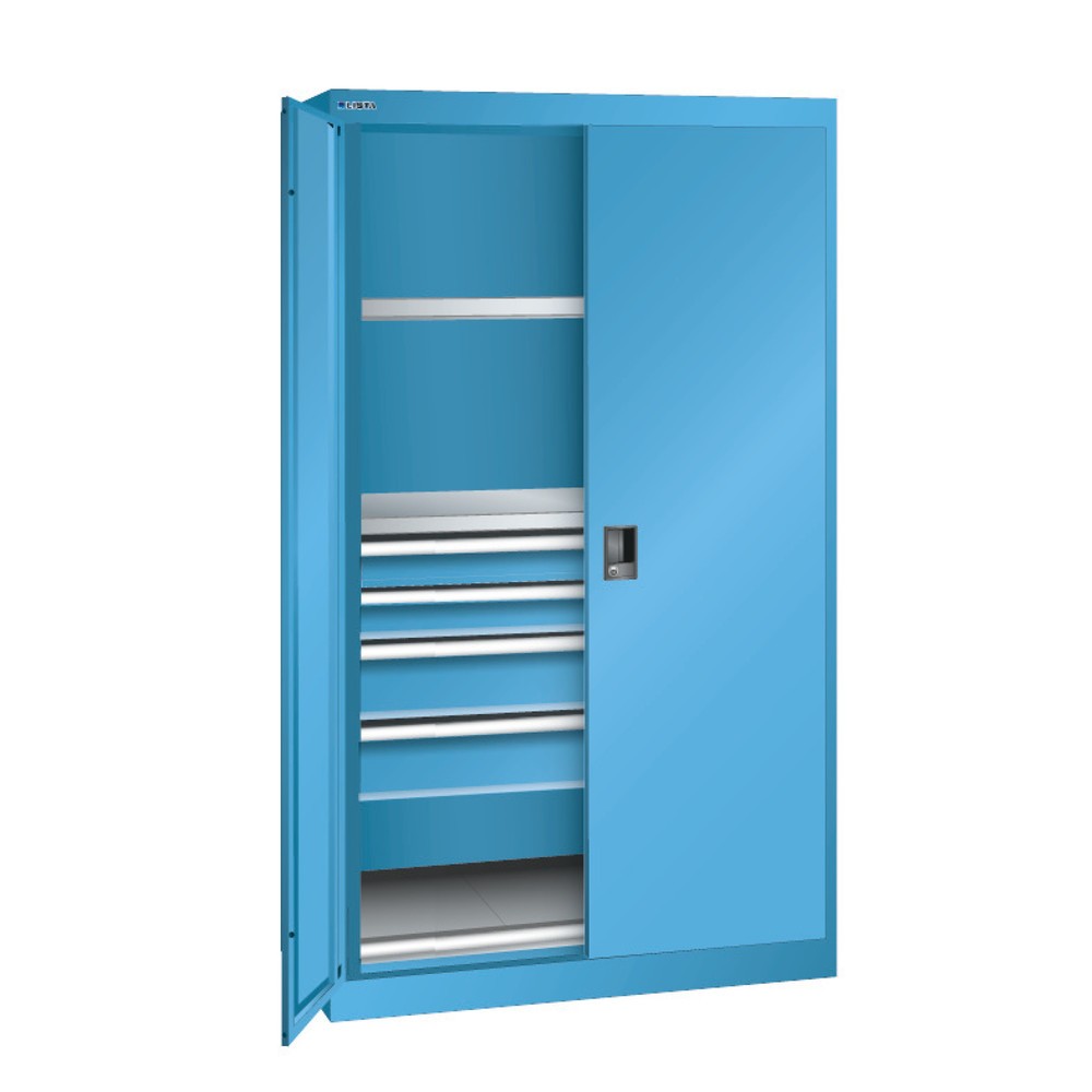 Armoire pour charges lourdes LISTA, 2 tablettes + 4 tiroirs, H x l x P 1 950 x 1 100 x 641 mm, bleu clair