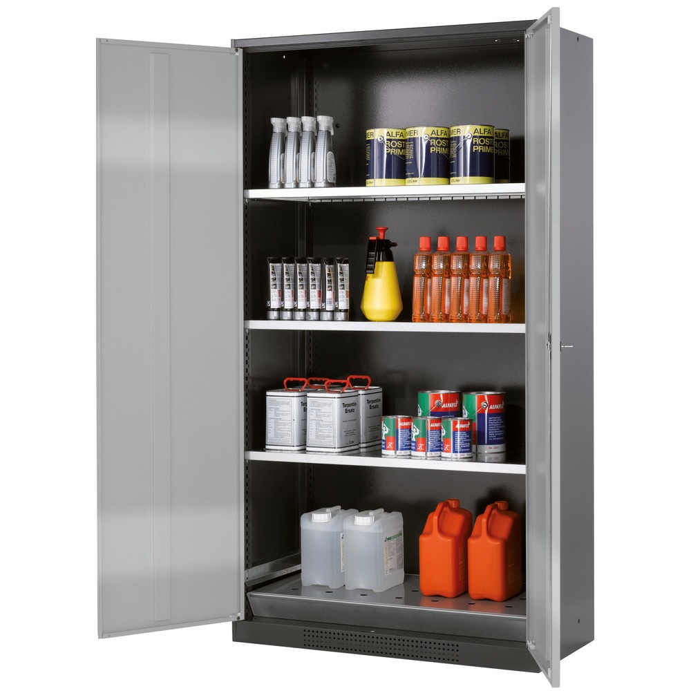 Armoire pour produits chimiques et toxiques asecos® avec tablettes, HxlxP 1 950 x 1 055 x 520 mm, aluminium blanc