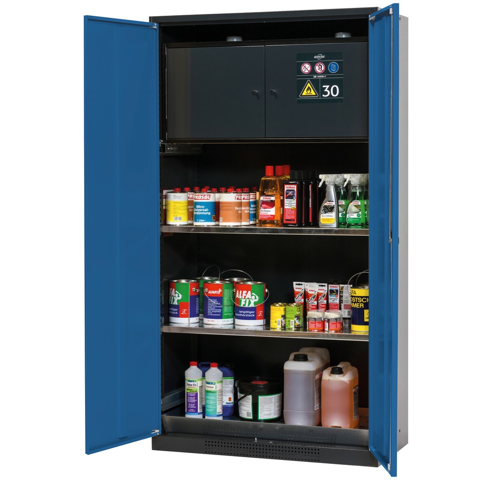 Armoire pour produits chimiques et toxiques avec coffre de sécurité type 30, asecos®, 2 tablettes, 1 bac de rétention, bleu gentiane