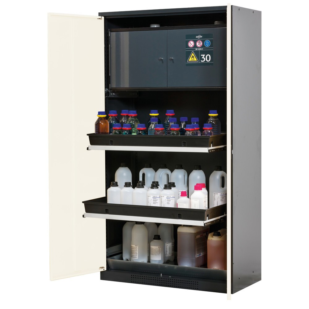 Armoire pour produits chimiques et toxiques avec coffre de sécurité type 30, asecos®, 3 tablettes extractibles, blanc pur