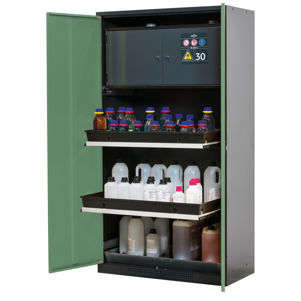 Armoire pour produits chimiques et toxiques avec coffre de sécurité type 30, asecos®, 3 tablettes extractibles, vert réséda