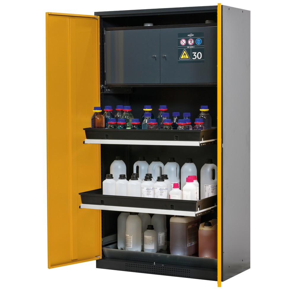 Armoire pour produits chimiques et toxiques avec coffre de sécurité type 30, asecos®, 3 tablettes extractibles, gris clair