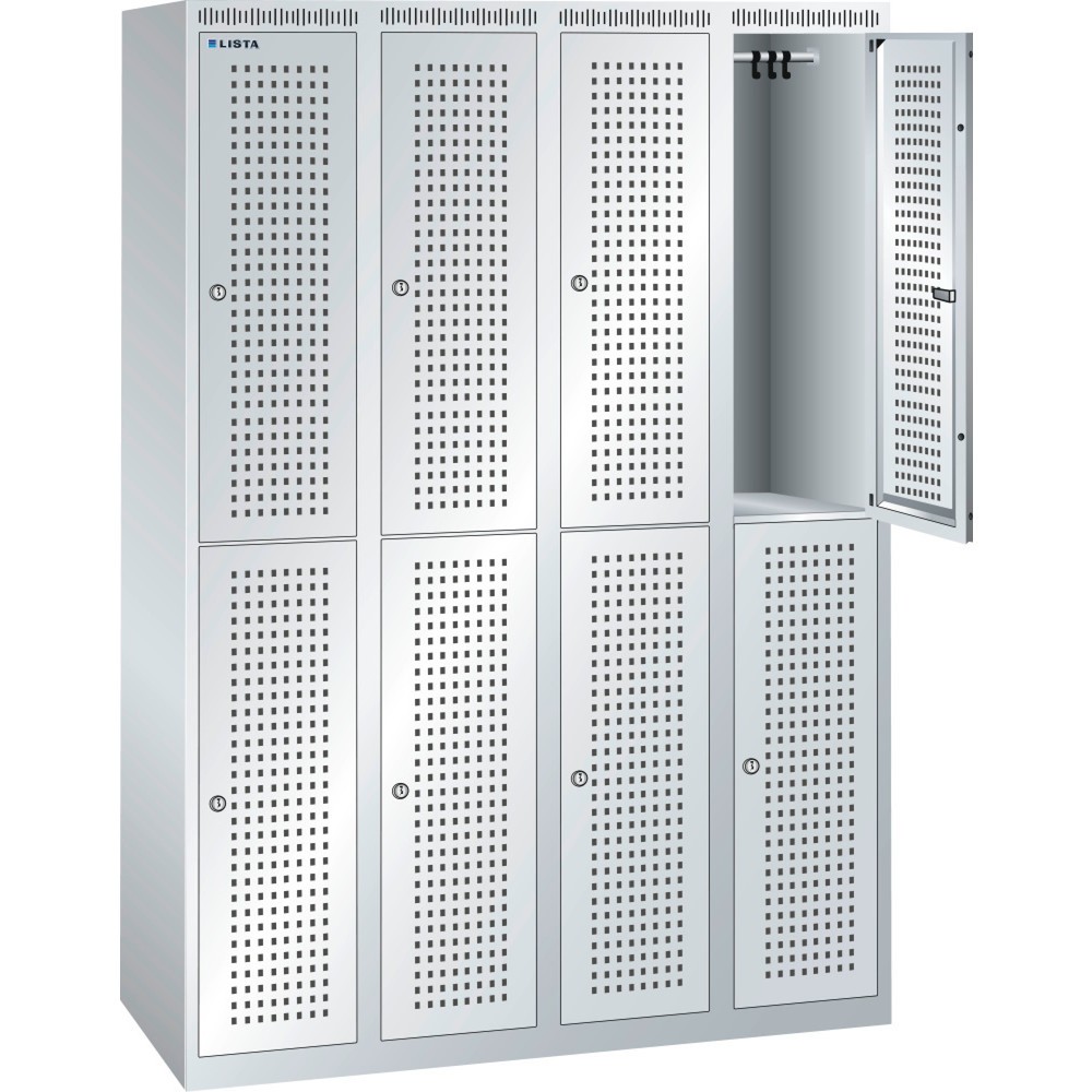 Armoire-vestiaire LISTA avec panneau perforé, (PxH) 1 200x500x1 700 mm, sans sous-structure, 2 rangées, 4x2 compartiments, serrure à cylindre