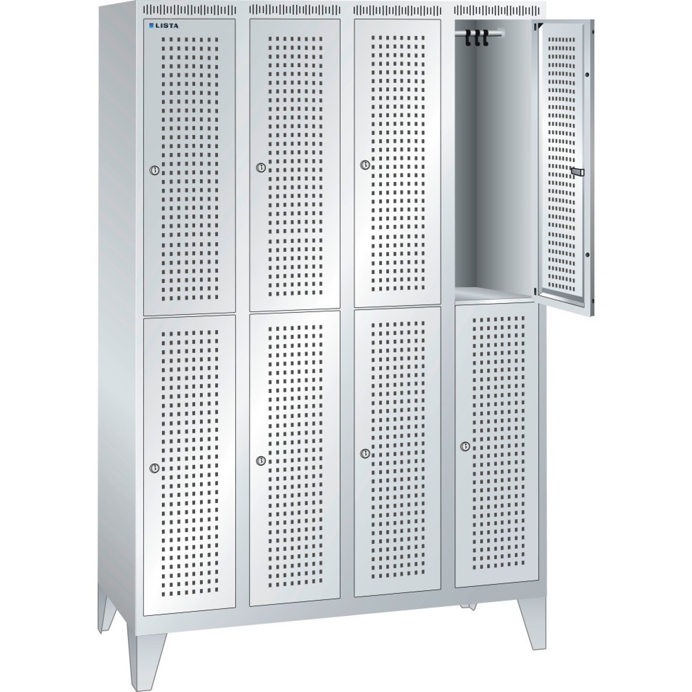 Armoire-vestiaire LISTA avec panneau perforé, (PxH) 500x1 850 mm, avec pieds, 2 rangées, 4x2 compartiments, dispositif de fermeture