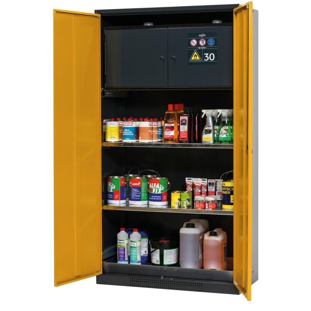 Armoire pour produits chimiques et poisons avec box de sécurité type 30, asecos®, 2 tablettes, 1 bac de fond