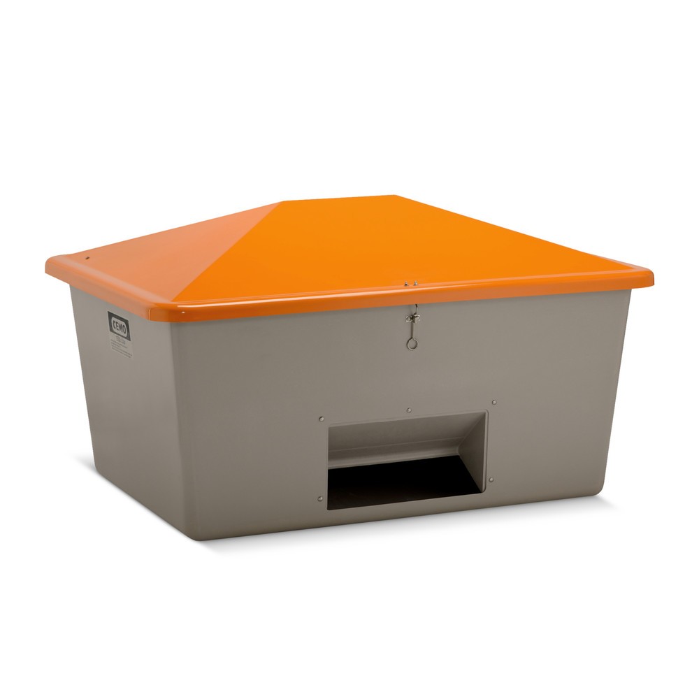 Bac à sel CEMO avec ouverture d’écoulement, gris/orange, 1 500 litres