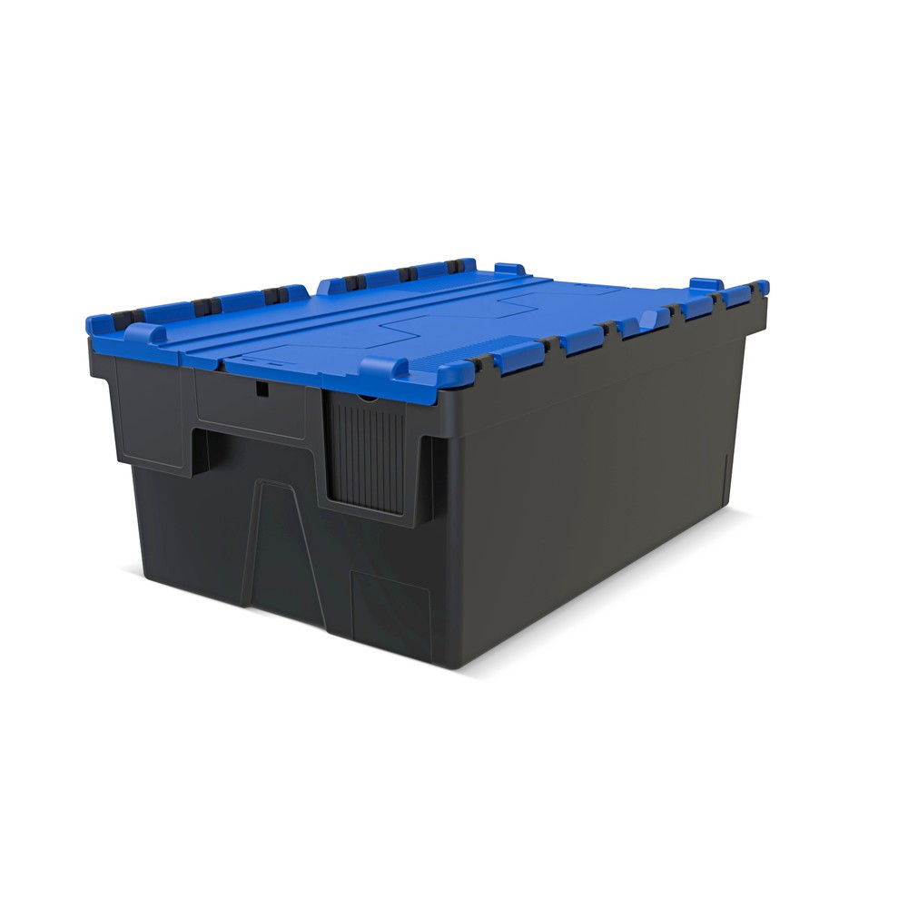 Bac empilable réutilisable en regranulats de PP avec couvercle rabattable, noir/bleu, 40 litres, 1 pcs/UV