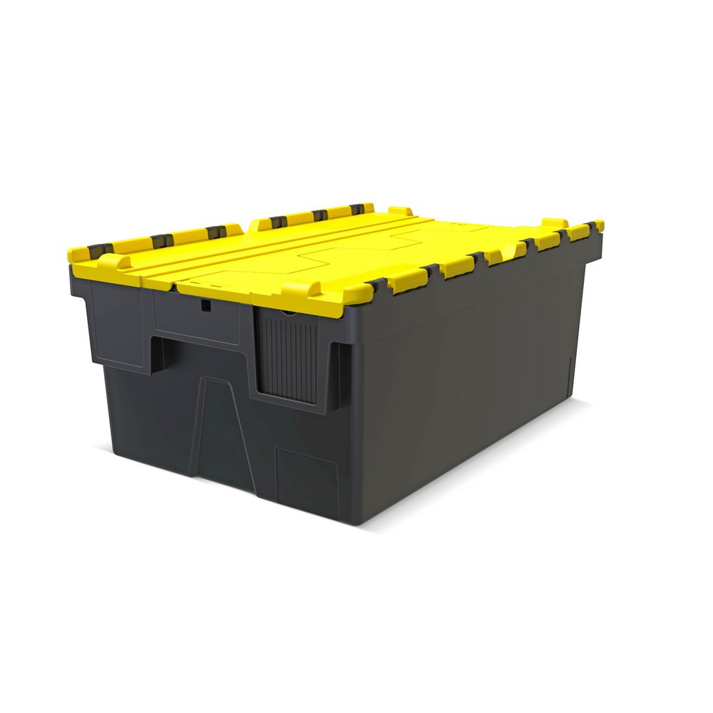 Bac empilable réutilisable en regranulats de PP avec couvercle rabattable, noir/jaune, 40 litres, 1 pcs/UV