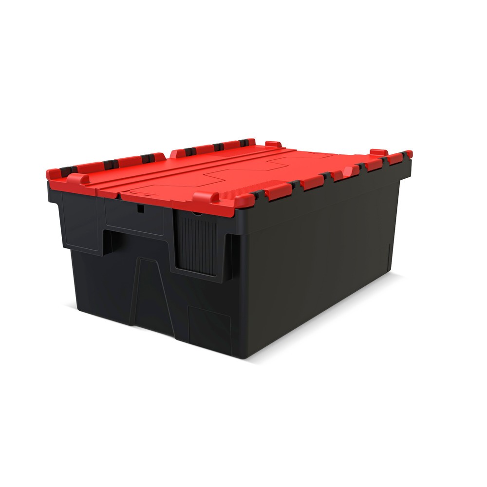 Bac empilable réutilisable en regranulats de PP avec couvercle rabattable, noir/rouge, 40 litres, 1 pcs/UV