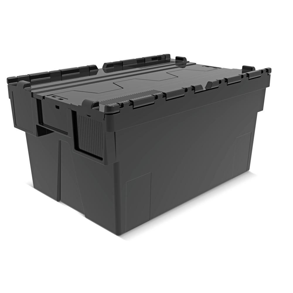 Bac empilable réutilisable en regranulats de PP avec couvercle rabattable, noir, 56 litres, 1 pcs/UV