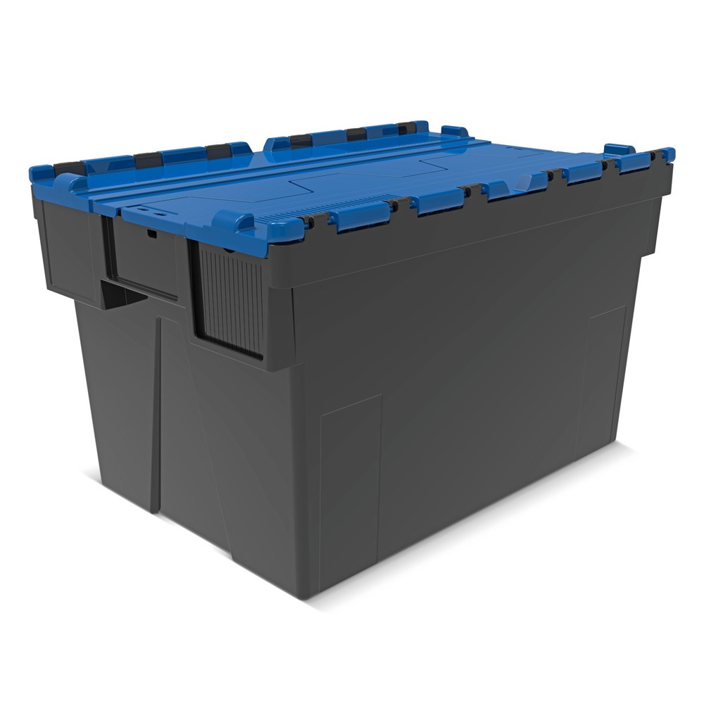 Bac empilable réutilisable en regranulats de PP avec couvercle rabattable, noir/bleu, 65 litres, 1 pcs/UV