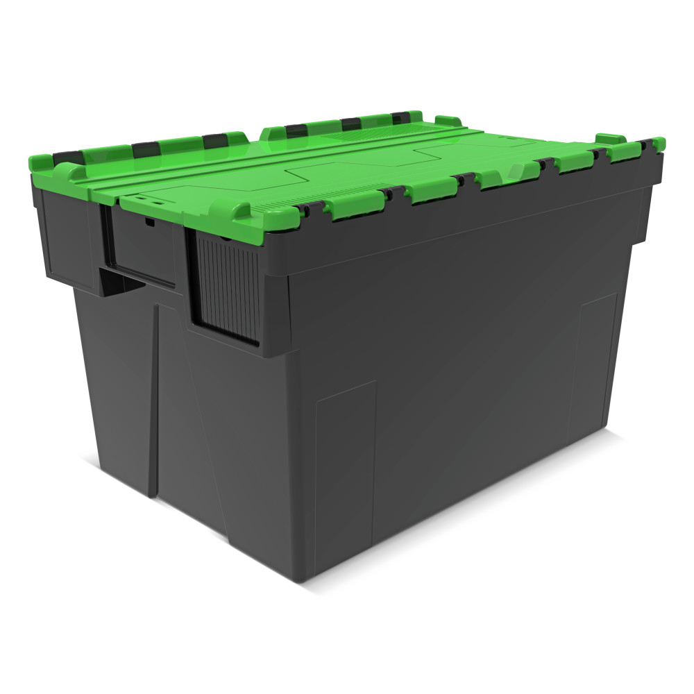 Bac empilable réutilisable en regranulats de PP avec couvercle rabattable, noir/vert, 65 litres, 1 pcs/UV