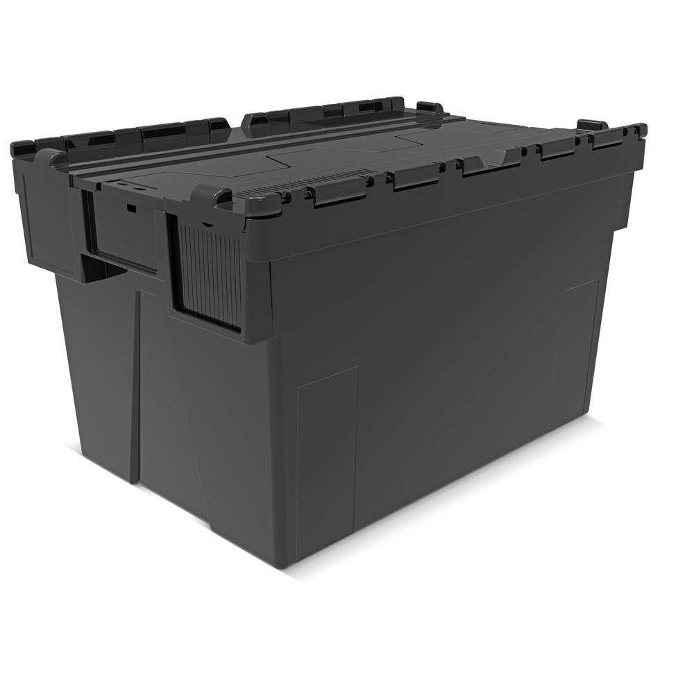 Bac empilable réutilisable en regranulats de PP avec couvercle rabattable, noir, 65 litres, 1 pcs/UV