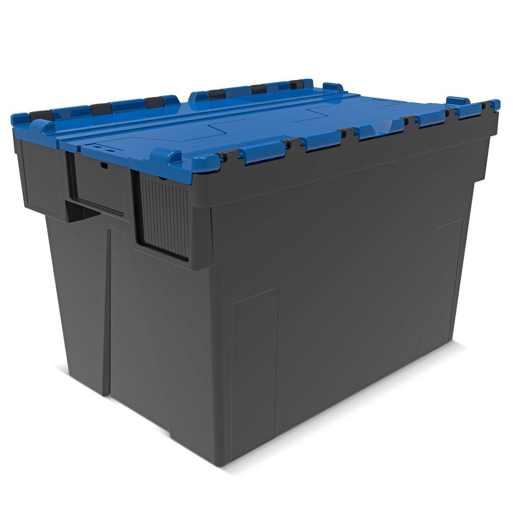 Bac empilable réutilisable en regranulats de PP avec couvercle rabattable, noir/bleu, 77 litres, 1 pcs/UV