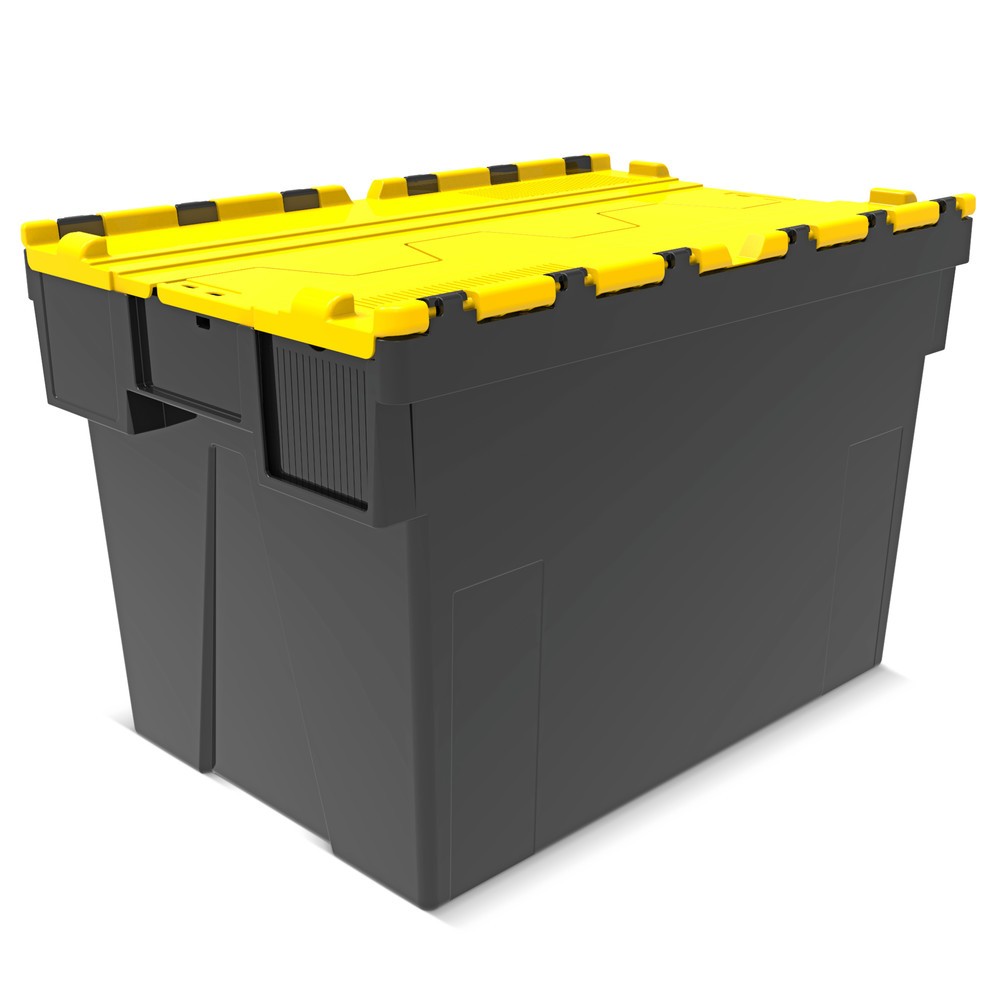 Bac empilable réutilisable en regranulats de PP avec couvercle rabattable, noir/jaune, 77 litres, 1 pcs/UV