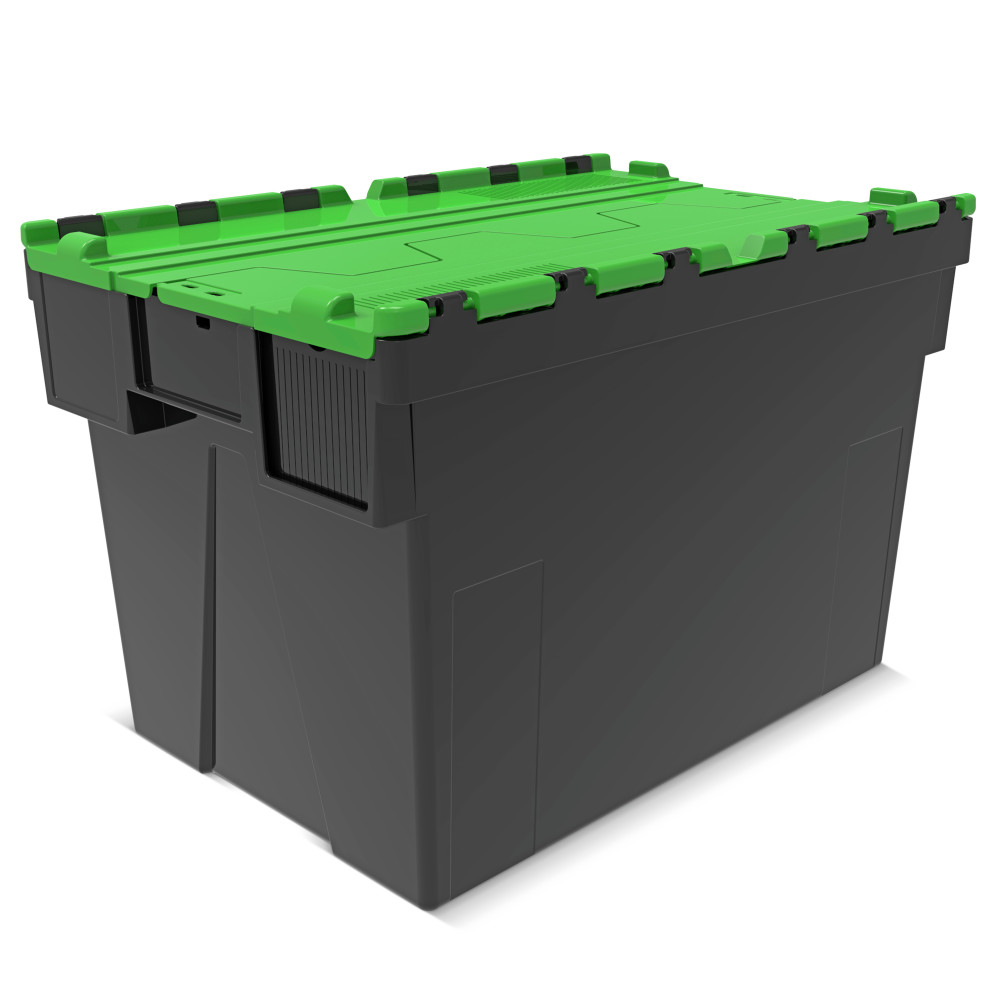 Bac empilable réutilisable en regranulats de PP avec couvercle rabattable, noir/vert, 77 litres, 1 pcs/UV