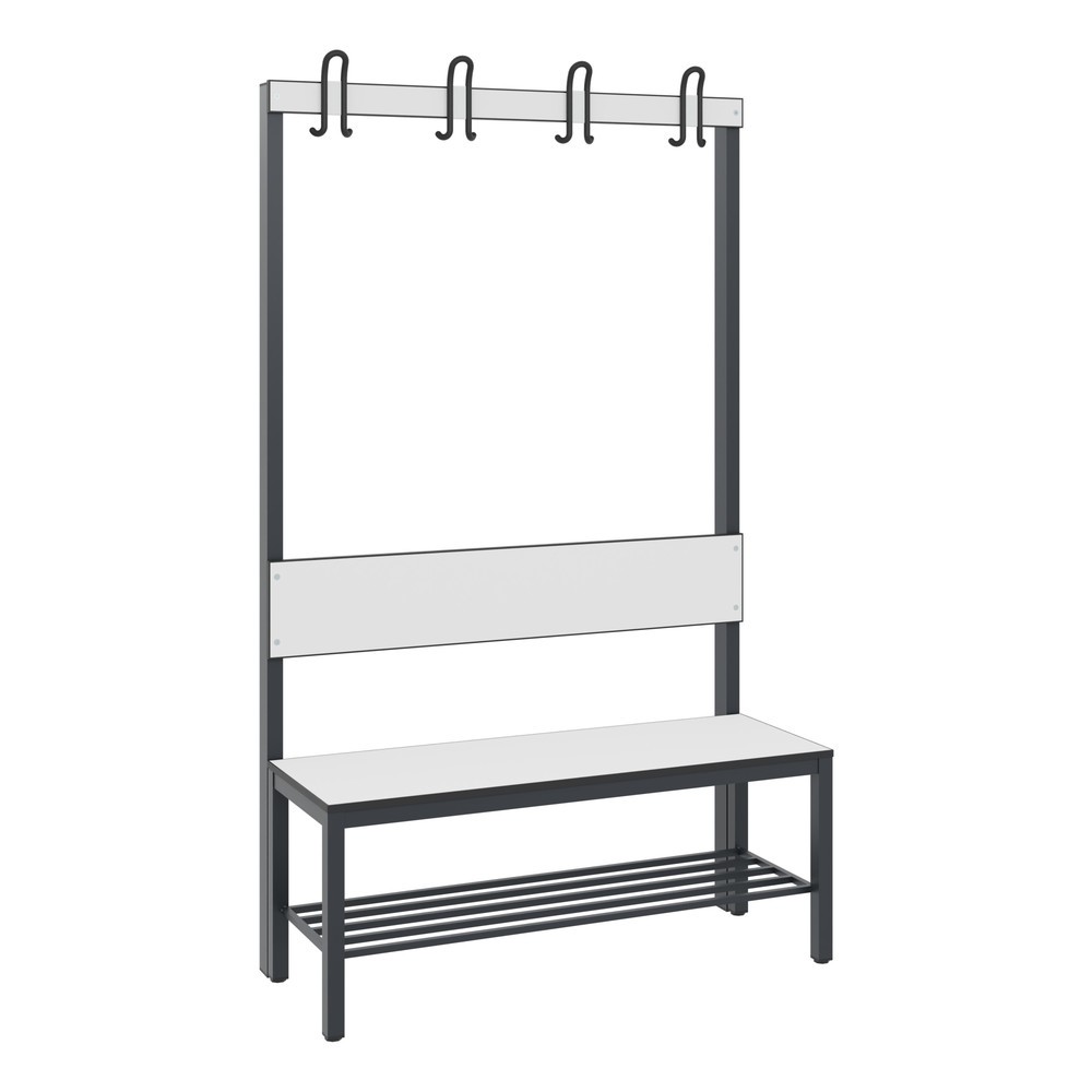 Banc pour vestiaire C+P Basic Plus, longueur 1 000 mm, utilisable d’un seul côté, avec dossier, 4 crochets doubles, avec râtelier range-chaussures, gris-noir / blanc