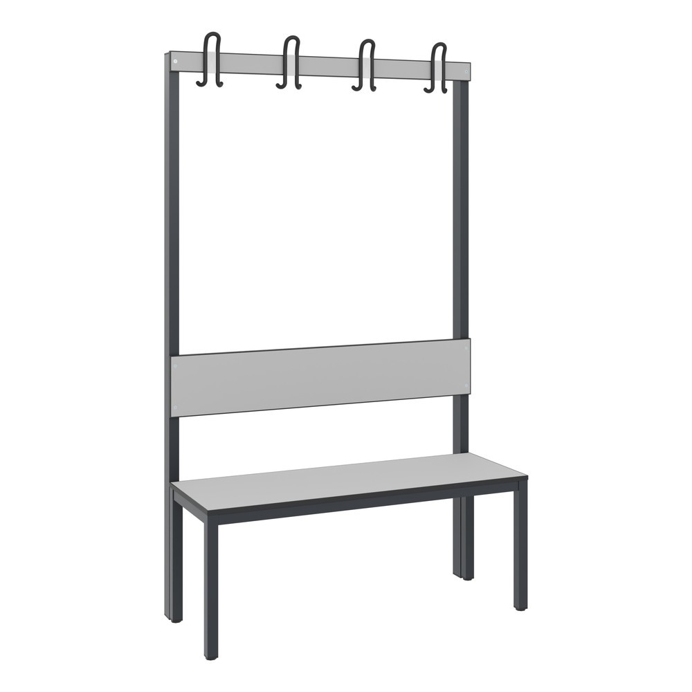 Banc pour vestiaire C+P Basic Plus, longueur 1 000 mm, utilisable d’un seul côté, avec dossier, 4 crochets doubles, gris-noir / gris-argent