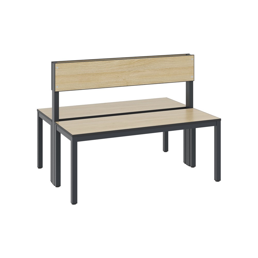 Banc pour vestiaire C+P Basic Plus, longueur 1 000 mm, utilisable des deux côtés, avec dossier, gris-noir/chêne Sereno