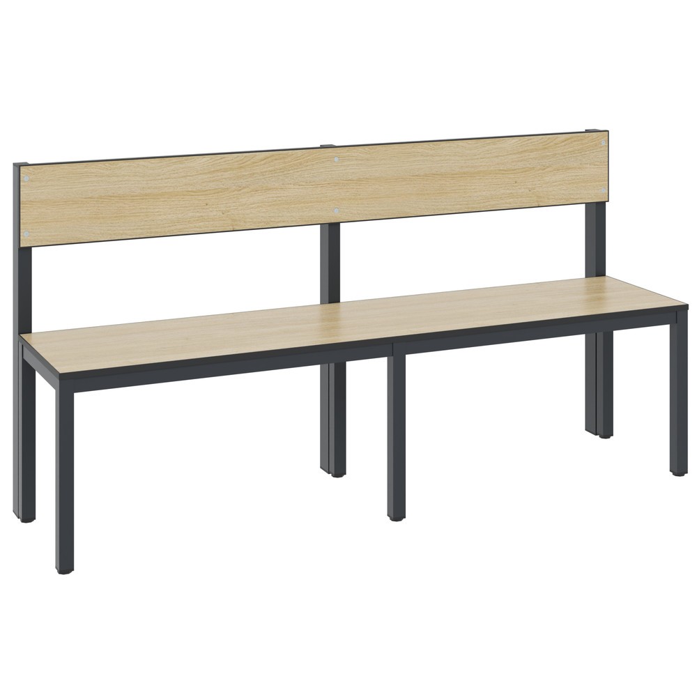 Banc pour vestiaire C+P Basic Plus, longueur 1 500 mm, utilisable d’un seul côté, avec dossier, gris-noir/chêne Sereno