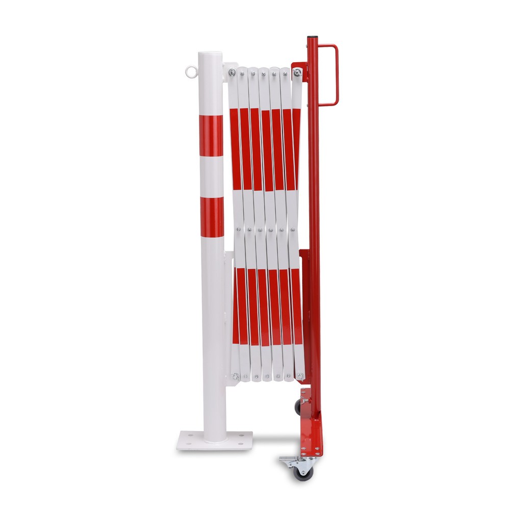 Barrière extensible avec potelets, Ø 60 mm, largeur 3.600 mm, rouge/blanc