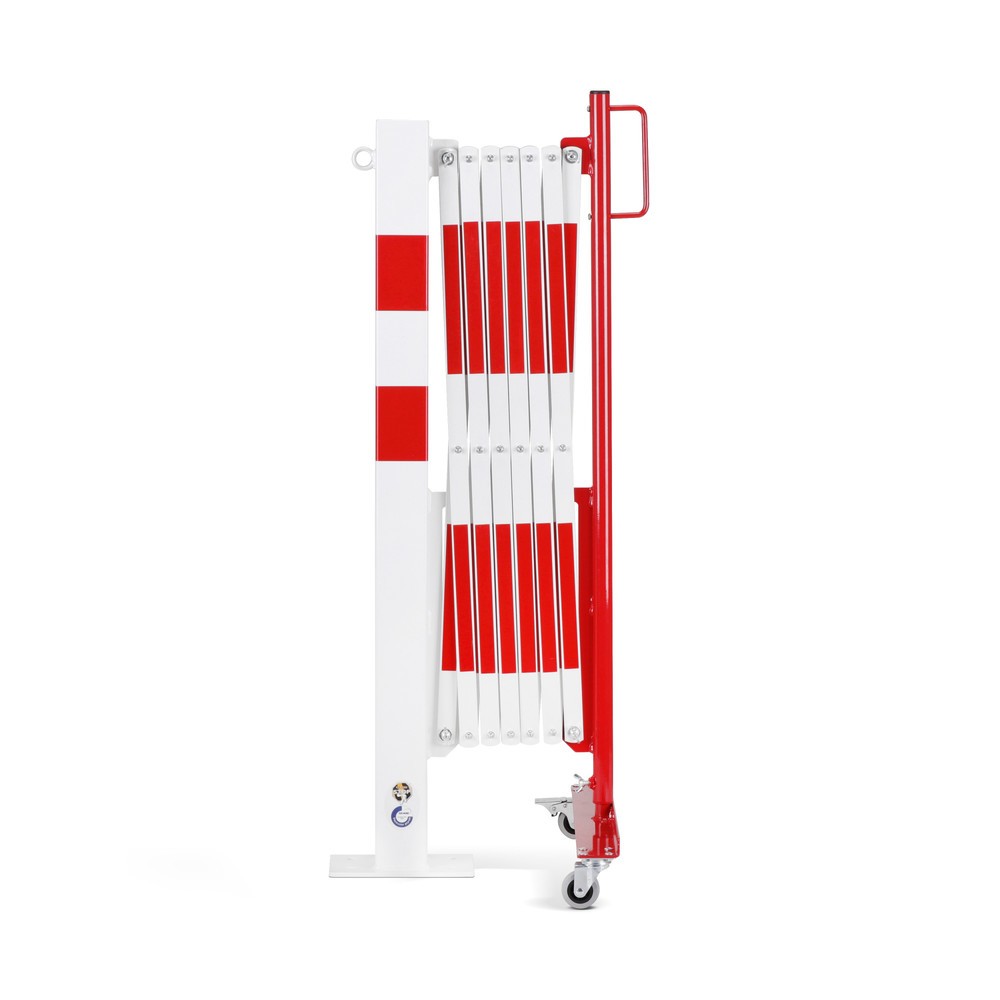 Barrière extensible dancop avec potelets, 70 x 70 mm, largeur 3 600, rouge/blanc