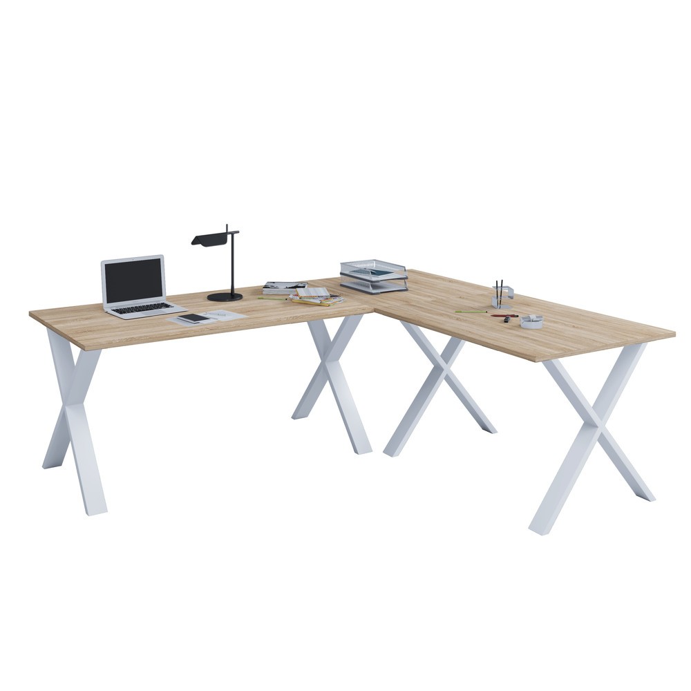 Bureau d'angle Lona, lxP 190 x 80 et 160 x 80 cm, pieds en X, chêne Sonoma