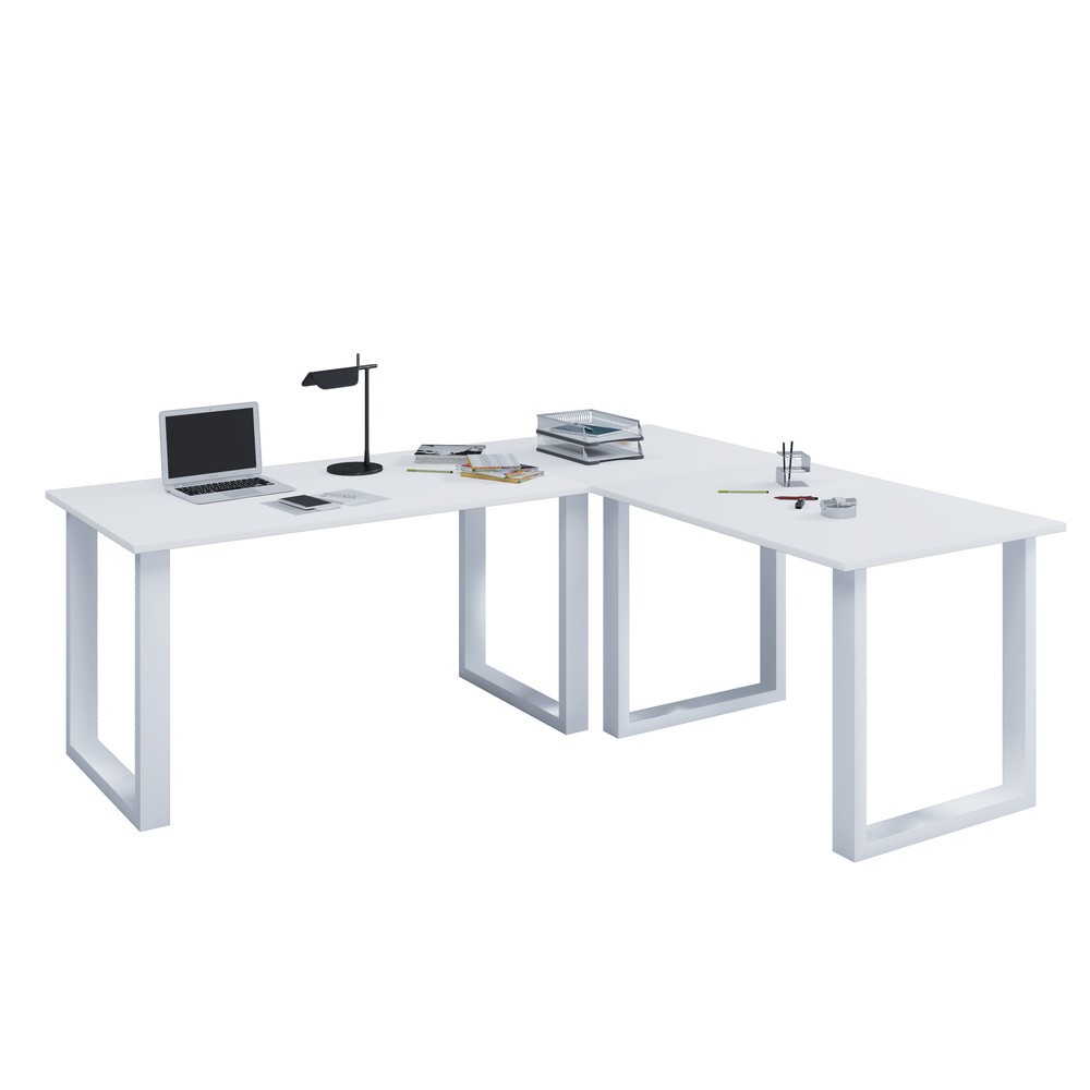 Bureau d'angle Lona, lxP 220 x 80 et 160 x 80 cm, pieds en U, blanc