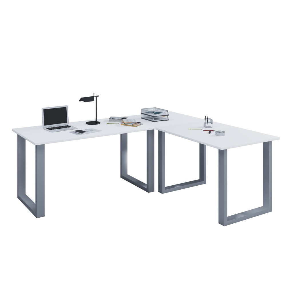 Bureau d'angle Lona, plateau de table LxP 1 400 x 800 et 1 100 x 800 mm, plaque d'angle LxP 800 x 800 mm, pieds en U, blanc/argent