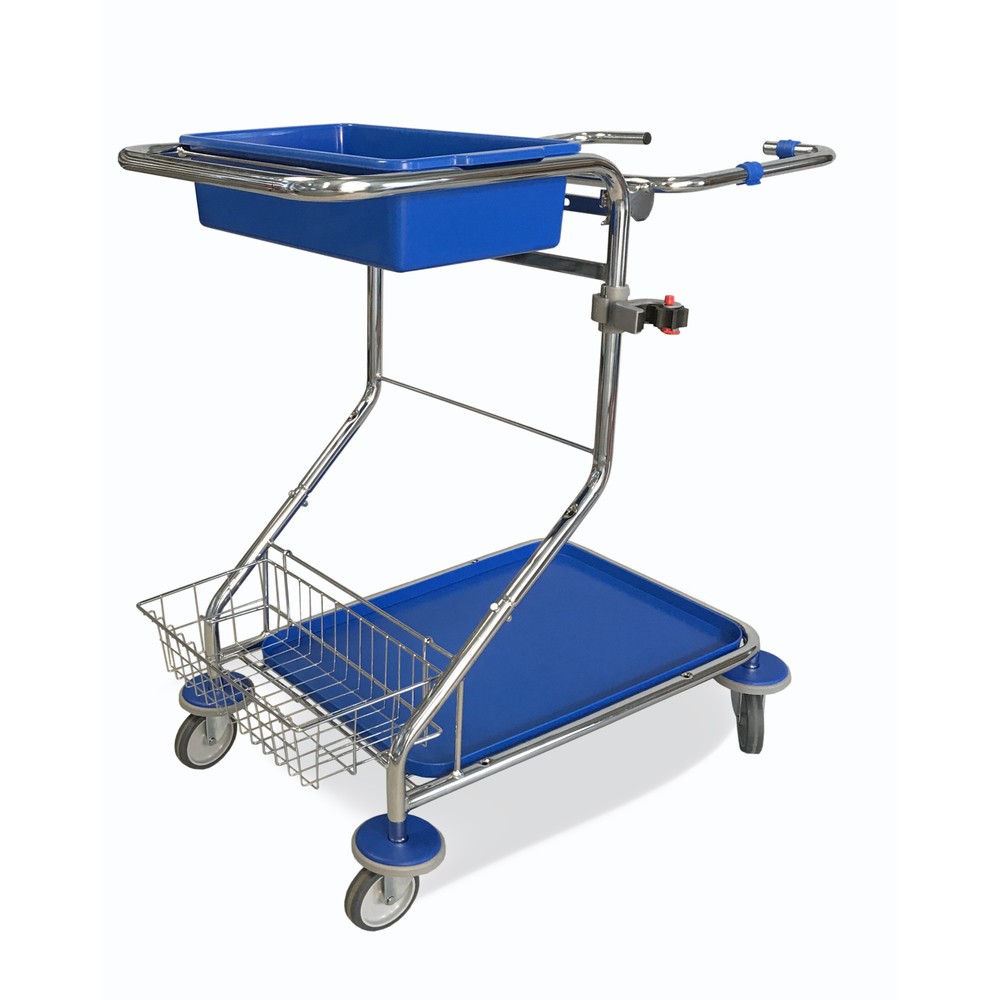 Chariot de ménage Chrome II, 1 panier à ustensiles, support pour manche, cadre support pour sac poubelle de 120 litres, bac de récupération